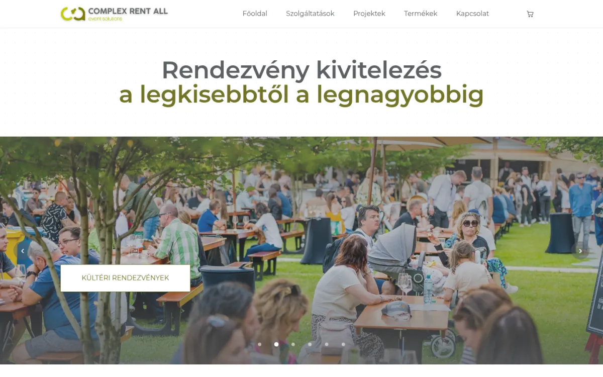 A Complex Rent All rendezvényes oldala asztali nézetben, élő képernyőkép, 2026. október 9.