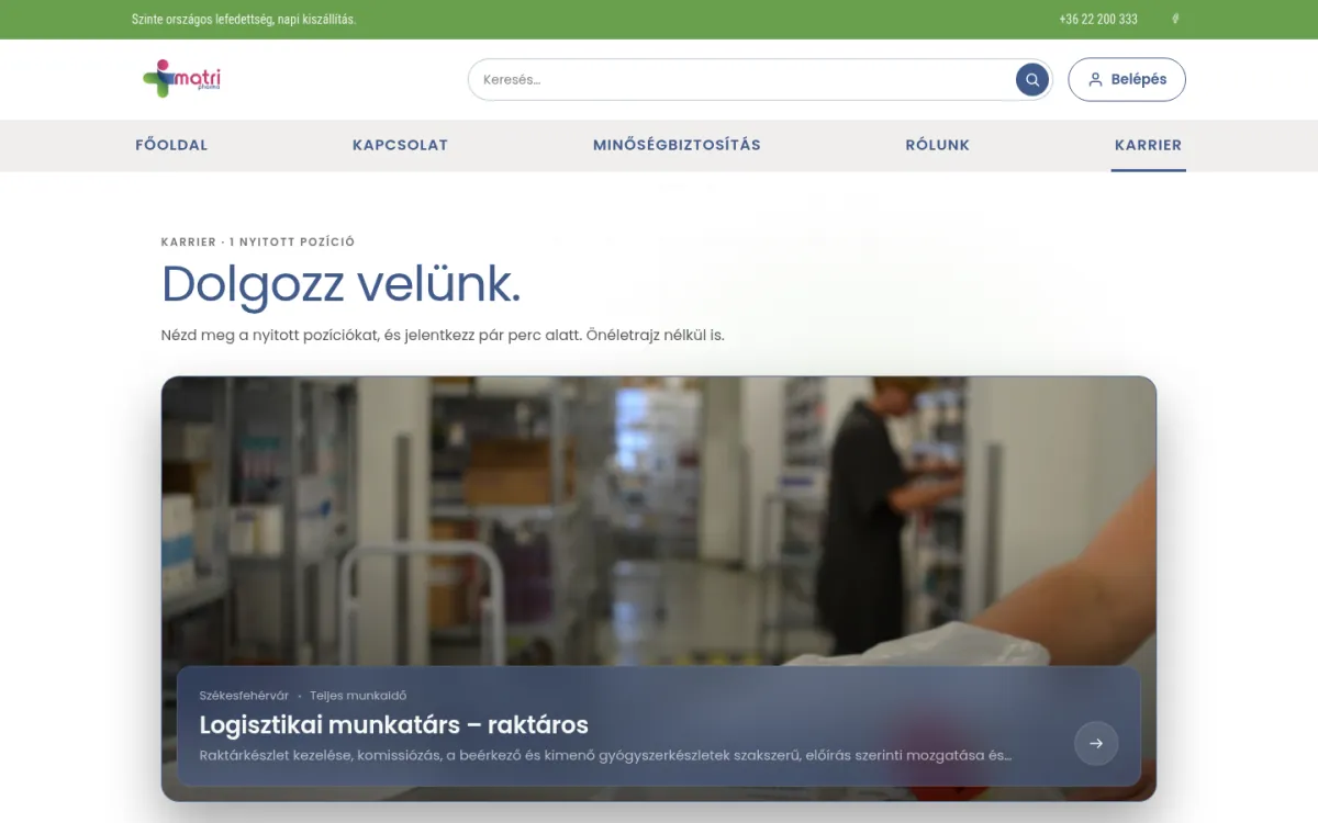 A MatriPharma karrieroldala asztali nézetben, élő képernyőkép, 2026. október 9.
