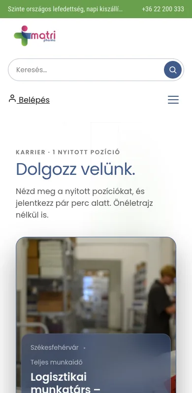 A MatriPharma karrieroldala telefonon, élő képernyőkép, 2026. október 9.