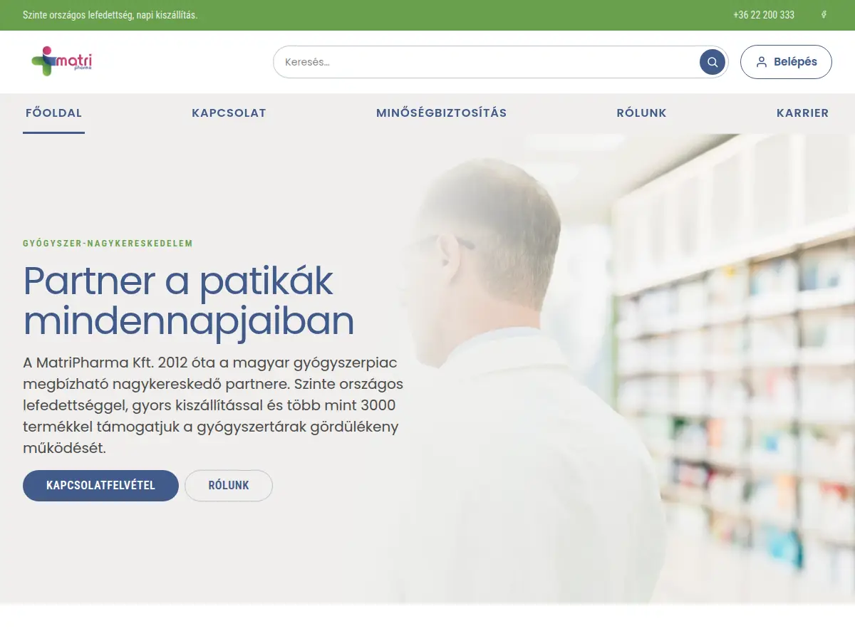 MatriPharma élő weboldalának képernyőképe